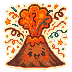 2 adesivi per feste a tema vulcano | Adesivo divertente con vulcano in eruzione e cappello da festa | Progettazione di fumetti | Regalo per chi crea caos