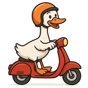 Può includere: Illustrazione di un cartone animato di un'anatra bianca con un casco arancione, che guida uno scooter rosso. L'anatra ha becco e zampe arancioni e sorride. Lo scooter ha pneumatici neri e un faro giallo.