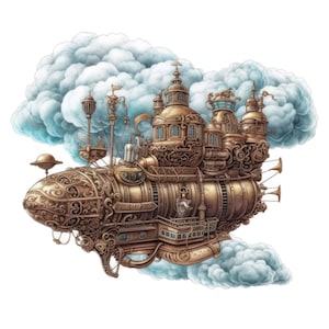 May include: A detailed illustration of a bronze-colored airship featuring intricate scrollwork, multiple towers, and domes. The vessel is surrounded by fluffy, light blue clouds, showcasing a complex mechanical design with various pipes, antennas, and small windows.