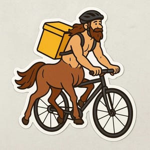 Könnte beinhalten: Ein Aufkleber mit einem Zentaur auf einem Fahrrad mit einer gelben Lieferbox auf dem Rücken. Der Zentaur hat braune Haare und einen Bart und trägt einen schwarzen Helm. Das Fahrrad ist schwarz, und der Aufkleber hat einen weißen Rand.
