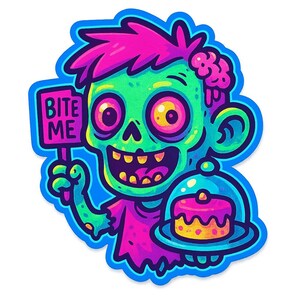ゾンビ3体とケーキプレートと「Bite Me」サイン – 面白い漫画ステッカー – 耐候性 – ホラーやフードユーモアファンへのギフト