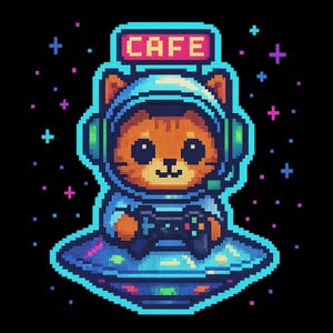 Gato astronauta en una cafetería con platillos – Divertida pegatina de dibujos animados – Resistente a la intemperie – Regalo para amantes del espacio, los gatos y el humor