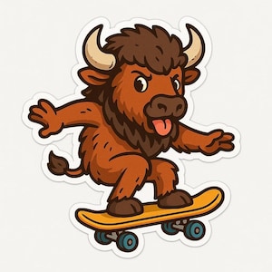Bison on Skateboard Sticker – Funny Car Sticker – Weatherproof, Wild – Gift for Skaters, Animal Lovers and Humor Fans