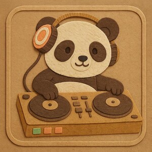 Panda con auriculares de sushi en la mesa de mezclas de DJ. Divertida pegatina de dibujos animados, resistente a la intemperie, regalo para amantes de la música, los pandas y el sushi.