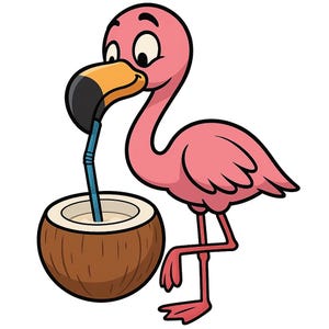 May include: Cartoon illustration of a pink flamingo drinking from a coconut. The flamingo has a black and orange beak, and a blue straw. The coconut is brown with a white interior.
