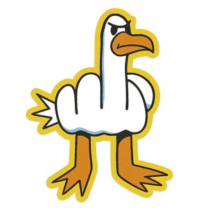 Pegatina de gaviota enojada con divertido motivo de meme con borde amarillo para coche, portátil, caravana o regalo para fans de las gaviotas y nerds del humor.