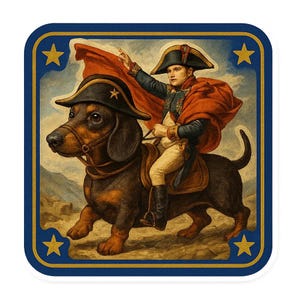 Pegatina de Napoleón en perro salchicha con sombrero de general. Sátira histórica en formato de pegatina cómica para amantes de los perros y fanáticos del humor histórico.