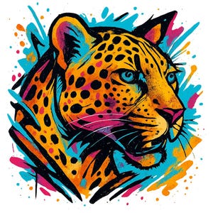 May include: A vibrant illustration of a jaguar's head in profile, featuring a bold color palette. The jaguar's fur is a mix of orange and yellow with black spots. Splashes of blue, pink, and orange surround the jaguar, creating a dynamic and artistic effect.