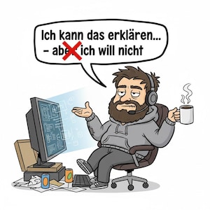 Könnte beinhalten: Cartoon-Illustration eines Mannes in einem grauen Kapuzenpullover, Headset und Bart, der in einem Bürostuhl mit einer Kaffeetasse sitzt. Der Text in der Sprechblase lautet: "Ich kann das erklären... - aber ich will nicht."