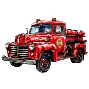 Può includere: Illustrazione di un camion dei pompieri rosso vintage. Il camion presenta un design dettagliato con un serbatoio d'acqua, sirene e un emblema dei vigili del fuoco. Il camion ha pneumatici neri e un paraurti cromato. L'opera è su sfondo bianco.