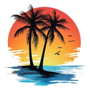 Könnte beinhalten: Eine grafische Illustration mit zwei schwarzen Palmensilhouetten auf einer kleinen Insel vor einer großen, kreisförmigen Sonnenuntergangs-Farbverlaufsgrafik von Orange zu Gelb. Die Szene zeigt blaues Wasser am unteren Rand und vier kleine schwarze Vögel.