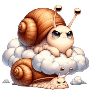 May include: An illustration of two cartoon snails with angry expressions. One snail rests on a cloud, while the other is below. The snails have brown shells and cream-colored bodies. The cloud is white.