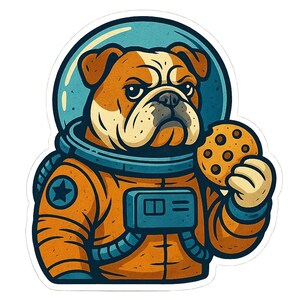 Bulldogge als Astronaut mit Keks – Lustiger Cartoon-Sticker – wetterfest – Geschenk für Space-, Hunde- & Humor-Fans