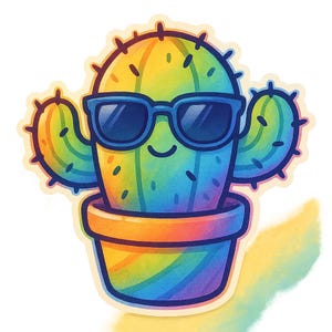 Adesivi kawaii di cactus | Cactus arcobaleno con occhiali da sole in stile Sora | Adesivo divertente con pianta anime