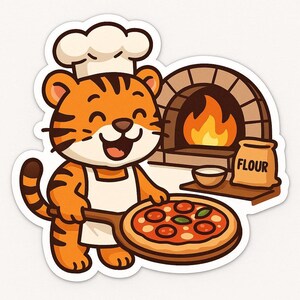 Tiger Baking Pizza Sticker – Funny Car Sticker – Weatherproof, Delicious – Gift for Animal Lovers, Foodies, and Humor Fans
