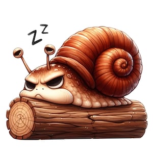 May include: A cartoon illustration of a grumpy snail resting on a log. The snail has a brown shell and body, with an angry expression. The log is brown with visible wood grain. The word "Zz" is above the snail's head.