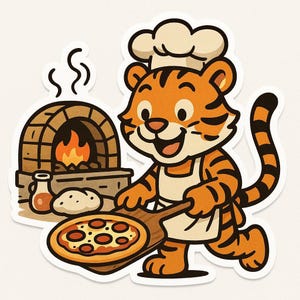 Tiger Baking Pizza Sticker – Funny Car Sticker – Weatherproof, Delicious – Gift for Animal Lovers, Foodies, and Humor Fans