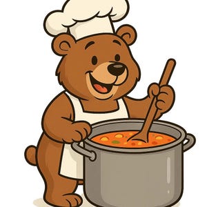Könnte beinhalten: Cartoon-Illustration eines braunen Bären mit Kochmütze und Schürze, der mit einem Holzlöffel in einem Topf Suppe umrührt. Die Suppe ist orangefarben mit Gemüse. Der Bär lächelt.