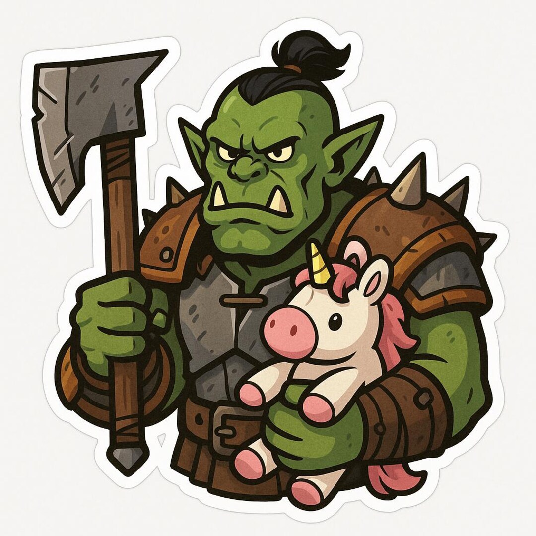 Orc Warrior With Plush Unicorn – Funny Car Sticker – Weatherproof, High ...