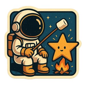 Astronauta asando malvaviscos sobre una estrella. Divertida pegatina de dibujos animados, resistente a la intemperie. Regalo para amantes del espacio, el camping y el humor.