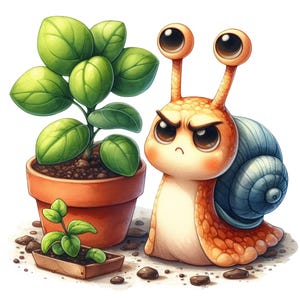 May include: A cartoon illustration of an orange snail with an angry expression, large eyes, and a blue shell. Beside the snail is a potted plant with large green leaves and a small plant in a rectangular container. Small rocks are scattered around.