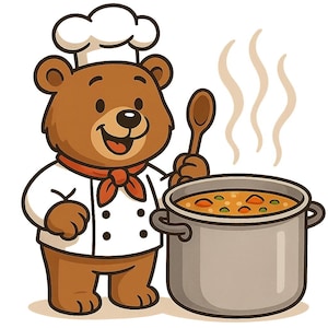 Può includere: Illustrazione di un orso bruno dei cartoni animati vestito da chef, con cappello e giacca bianchi e fazzoletto rosso. L'orso sorride e tiene un cucchiaio di legno sopra una pentola di zuppa con verdure. Esce vapore.