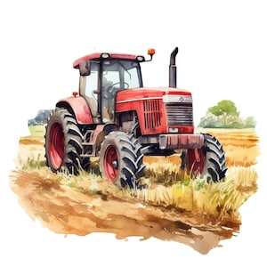 Op de afbeelding: Waterverfillustratie van een rode tractor met grote zwarte banden. De tractor heeft een cabine, uitlaatpijp en lichten. Hij wordt afgebeeld in een veld met een bruin zandpad en geel gras. Het algemene thema is landbouw.