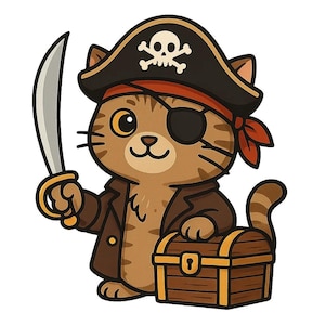 以下が含まれることがあります： 海賊に扮した猫の漫画イラスト。猫は、ドクロのマークが付いた黒い海賊帽子、眼帯、茶色のコートを着用しています。剣を持ち、宝箱の隣に立っています。