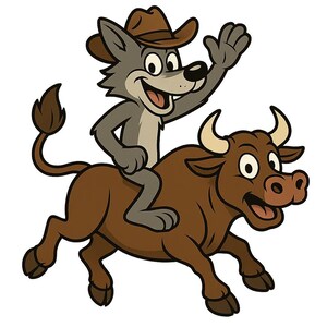 Könnte beinhalten: Cartoon-Illustration eines grauen Wolfs mit braunem Cowboyhut, der einen braunen Bullen reitet. Der Wolf winkt mit einem Lächeln. Der Bulle rennt mit offenem Mund.