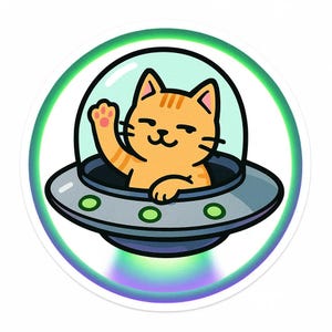 UFO-Katze Sticker | Cartoon-Katze winkt aus Untertasse | Sci-Fi Haustier Comic | Alien-Fun Aufkleber für Nerds