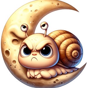 May include: A cartoon illustration of an angry snail with large blue eyes and a spiral shell, perched on a crescent moon. The snail has a grumpy expression and is rendered in soft, warm colors.