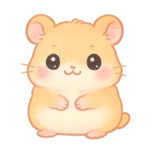 Op de afbeelding: Illustratie van een schattige cartoonhamster. De hamster is lichtoranje met grote zwarte ogen, roze wangen en kleine snorharen. De hamster zit met zijn pootjes tegen elkaar.