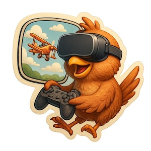 2 pájaros con gafas de realidad virtual jugando a un simulador de vuelo. Divertida pegatina de dibujos animados, resistente a la intemperie. Regalo para gamers, amantes de los pájaros y del humor.