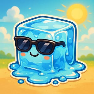 Pegatina de cubo de hielo genial | Pegatina divertida con cubito de hielo y gafas de sol | Diseño de dibujos animados de verano | Regalo de nerd kawaii
