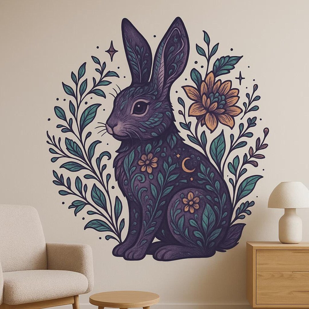 Mystical Flower Rabbit Wall Sticker Magical Rabbit Motif With Floral ...