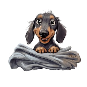 Könnte beinhalten: Cartoon-Illustration eines lächelnden Dackelhundes mit schwarzem und braunem Fell, der über eine graue Decke blickt. Der Hund hat große, ausdrucksstarke Augen und lächelt. Die Decke hat einige braune Flecken.