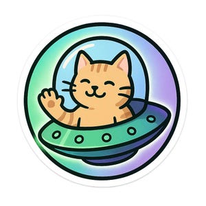 UFO-Katze Sticker | Cartoon-Katze winkt aus Untertasse | Sci-Fi Haustier Comic | Alien-Fun Aufkleber für Nerds