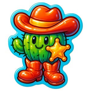 Cactus con stivali da cowboy e stella dello sceriffo – Adesivo divertente con cartoni animati – resistente alle intemperie – regalo per gli amanti del western e dell'umorismo vegetale