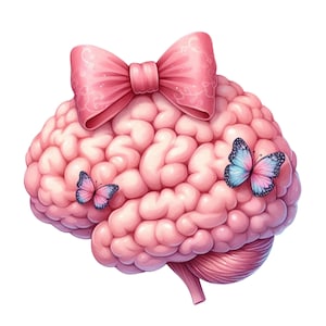 Może przedstawiać: Ilustracja różowego mózgu ozdobionego dużą różową kokardą i dwoma motylami. Motyle mają niebiesko-różowe skrzydła. Mózg jest w jasnoróżowym kolorze i ma szczegółową fakturę.