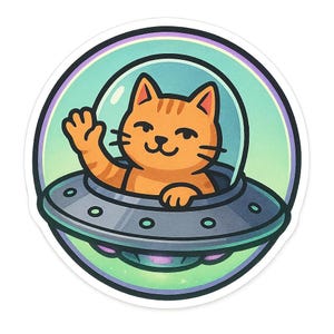 UFO-Katze Sticker | Cartoon-Katze winkt aus Untertasse | Sci-Fi Haustier Comic | Alien-Fun Aufkleber für Nerds