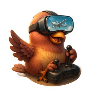 3 pájaros con gafas de realidad virtual jugando a un simulador de vuelo. Divertida pegatina de dibujos animados, resistente a la intemperie. Regalo para gamers, amantes de los pájaros y del humor.