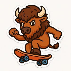 Bison on Skateboard Sticker – Funny Car Sticker – Weatherproof, Wild – Gift for Skaters, Animal Lovers and Humor Fans