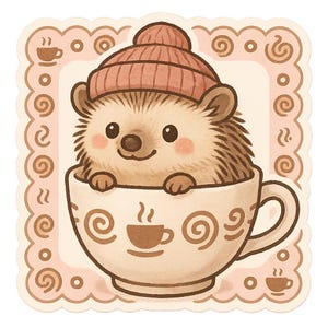 Adesivo riccio in tazza da tè con cappello di lana Simpatico motivo a fumetti di animali per gli amanti dell'autunno Amanti degli animali Idea regalo per gli amici ricci