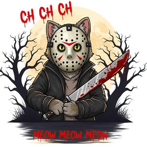 Puede incluir: Un gato de dibujos animados con una máscara de hockey y un cuchillo ensangrentado. El gato está frente a una luna llena y árboles silueteados. Las palabras "CH CH CH" y "MEOW MEOW MEOW" están escritas en rojo.