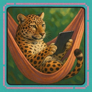 Könnte beinhalten: Illustration eines Leoparden, der sich in einer orangefarbenen Hängematte entspannt und ein Tablet benutzt. Der Leopard hat ein geflecktes Fell und befindet sich vor einem grünen Hintergrund. Das Bild ist mit einem türkisfarbenen Rahmen und rosa Akzenten versehen.