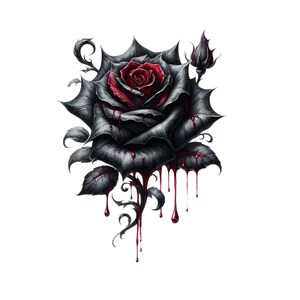 Peut inclure: Illustration détaillée d'une rose gothique. La rose a des pétales noirs avec un cœur rouge profond et des accents ressemblant à du sang qui coule. L'image comprend un bouton et des feuilles stylisées, le tout sur fond blanc.