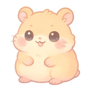 Pode incluir: Ilustração de um simpático hamster de desenho animado. O hamster tem um pelo castanho claro, bochechas rosadas e olhos grandes e castanhos. Ele está sorrindo com a língua de fora. A imagem é feita em um estilo suave, semelhante à aquarela.