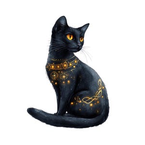 Puede incluir: Ilustración de un gato negro con detalles dorados. El gato tiene un collar dorado y patrones brillantes en su cuerpo. Tiene ojos amarillos y está sobre un fondo blanco. Diseño decorativo.