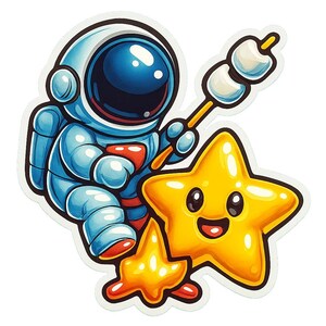 Astronauta asando malvaviscos sobre una estrella. Divertida pegatina de dibujos animados, resistente a la intemperie. Regalo para amantes del espacio, el camping y el humor.