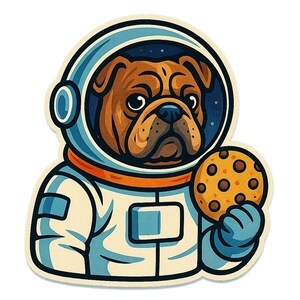 Bulldogge als Astronaut mit Keks – Lustiger Cartoon-Sticker – wetterfest – Geschenk für Space-, Hunde- & Humor-Fans